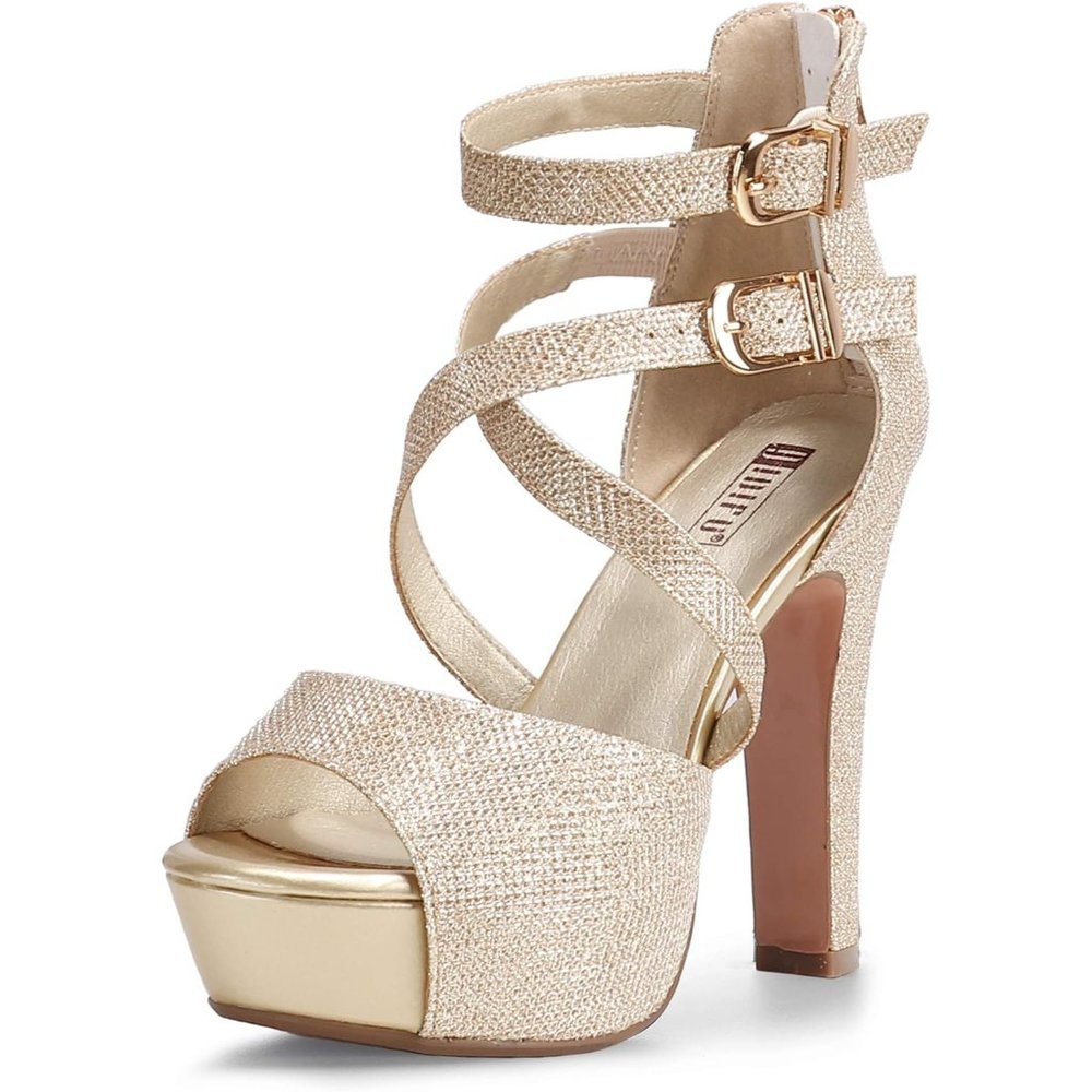 Women's IN5 Charcy Crisscross Strappy Platform High Chunky  Gold Heels Toe Pump